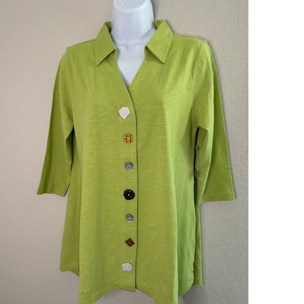 Soft Surroundings Small Green Cotton Slub Multi Button Tunic Top Artsy Fall